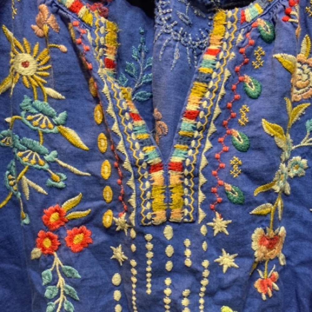 Johnny Was Royal Blue Embroidered Tunic with Multicolor Floral Accents - Picture 2 of 5